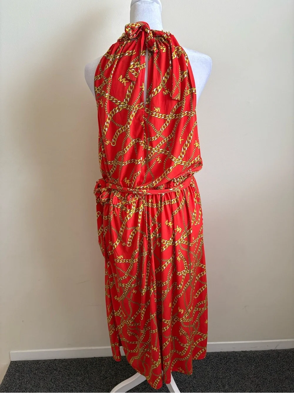 New 1X Michael Kors Orange Gold Chain Logo Midi Dress